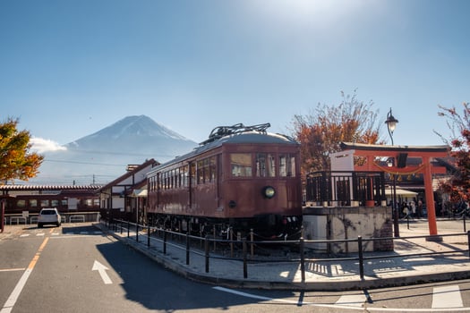 Train with torii in kawaguchiko station with Fuji mountain photo
