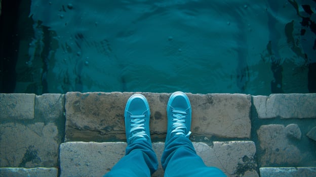 AI generated Person Standing on Edge Overlooking Clear Blue Water photo
