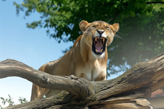 AI generated Majestic Lion Perching Atop Tree Branch photo