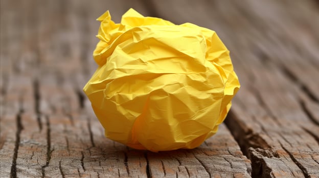 AI generated Crumpled Yellow Paper Ball on Wooden Surface photo