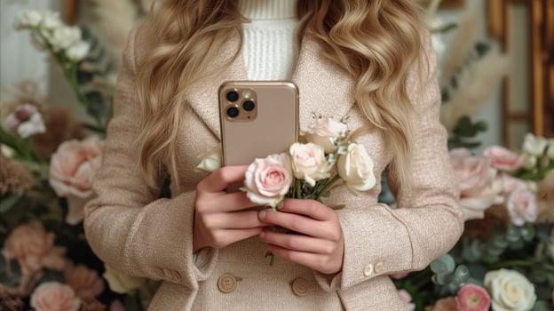 AI generated Elegant Woman Holding Smartphone Amongst Blooming Flowers photo