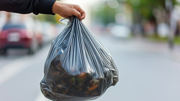 AI generated Man removing filled garbage bag from kitchen trash can during daily chores on sunny day photo