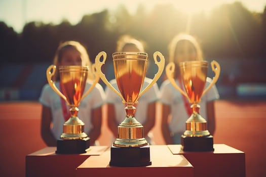 AI generated Gold cup to the winner of the competition on the podium at the stadium. Sports concept. Generated by artificial intelligence photo
