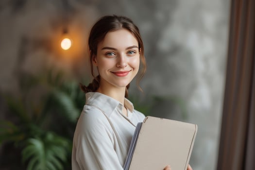 AI generated a beautiful young woman holding a folder photo