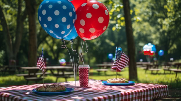 AI generated Red, white, and blue picnic decorations, balloons, and flags, celebrating patriotic outdoor gatherings. photo