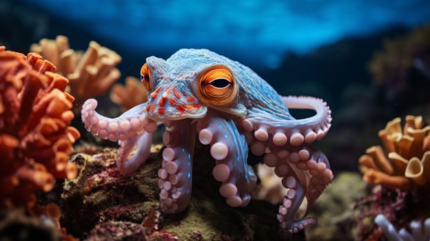 AI generated A curious octopus displaying its incredible camouflage skills, blending into its vibrant coral home photo