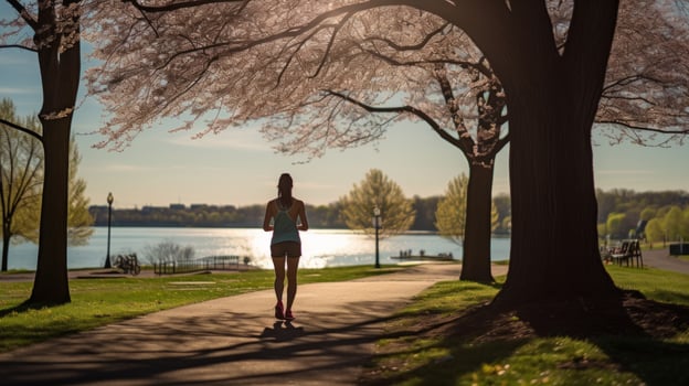 AI generated A jogger pausing to stretch, feeling rejuvenated by the invigorating spring air photo