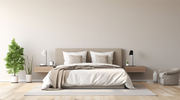 AI generated A minimalist luxury bedroom with a plush, oversized headboard and soft, neutral tones. photo