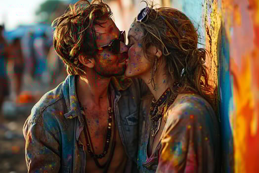 AI generated young couple kissing with faces covered in vibrant Holi colors photo