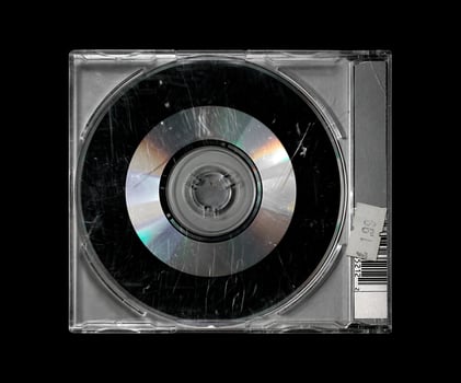 Jewel case full of scratches isolated on black. damaged music cd mockup. photo