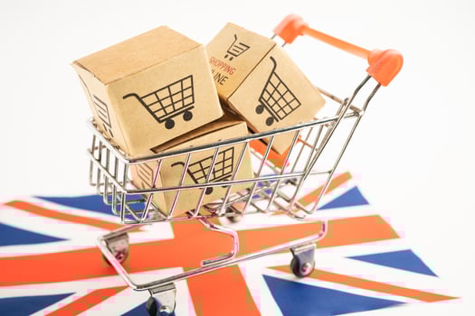 Box with shopping online cart logo and United Kingdom flag, Import Export commerce finance delivery trade. photo