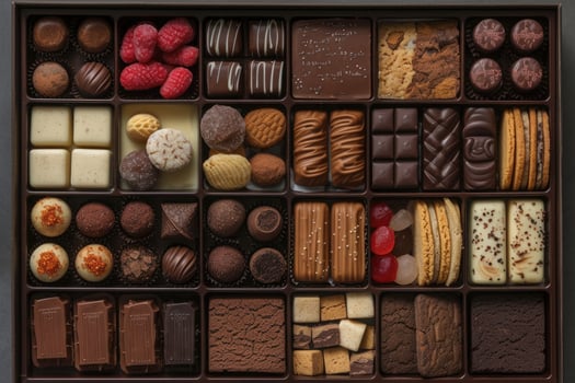 AI generated A large gift box filled with a variety of chocolates and cookies professional advertising food photography photo