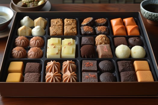 AI generated A large gift box filled with a variety of chocolates and cookies professional advertising food photography photo