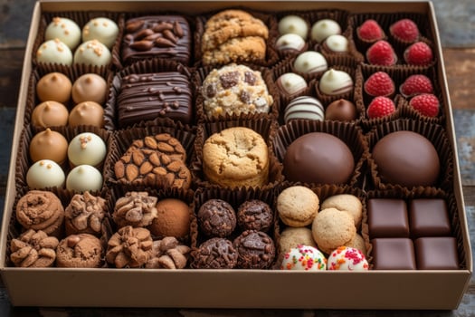 AI generated A large gift box filled with a variety of chocolates and cookies professional advertising food photography photo