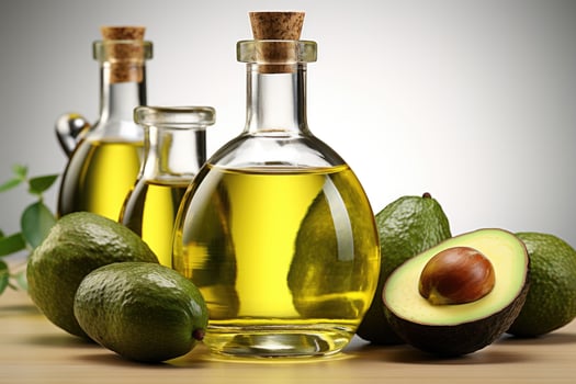 AI generated avocado oil extract with isolated kitchen table professional advertising food photography photo
