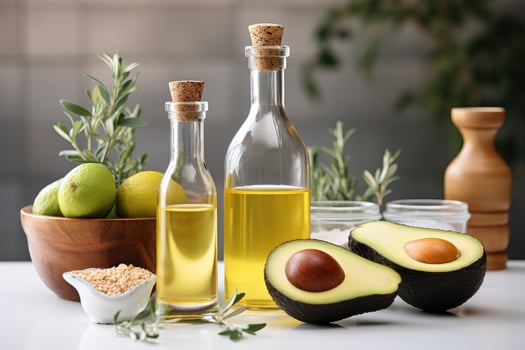 AI generated avocado oil extract with isolated kitchen table professional advertising food photography photo