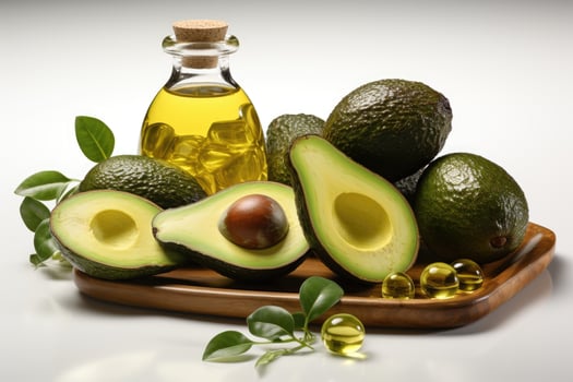 AI generated avocado oil extract with isolated kitchen table professional advertising food photography photo