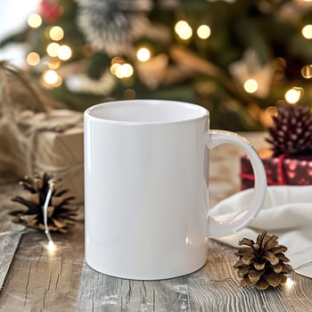 AI generated Cozy Holidays Begin, Plain White Mug in a Christmas Background photo
