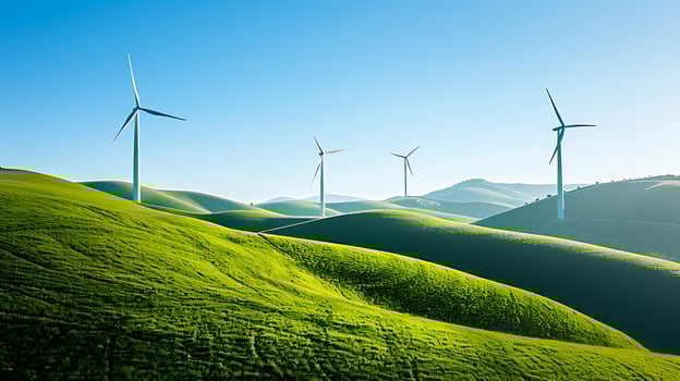 AI generated Wind turbines at mountains in a renewable energy landscape photo