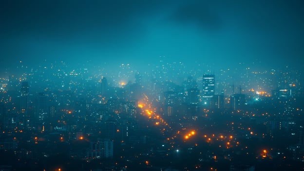 AI generated Cityscape with Twinkling Streetlights at Night photo