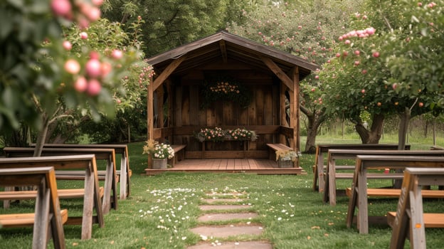 AI generated An elegant stage nestled within a charming orchard, adorned with blossoms photo