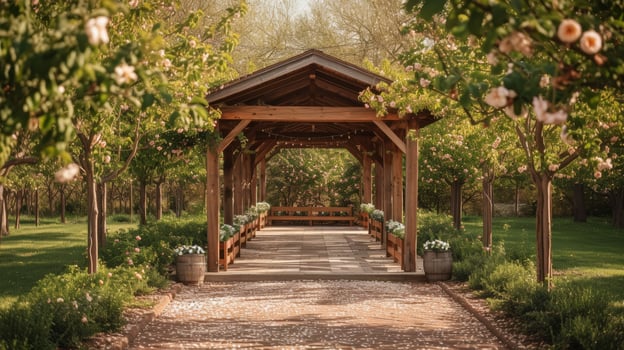 AI generated An elegant stage nestled within a charming orchard, adorned with blossoms photo