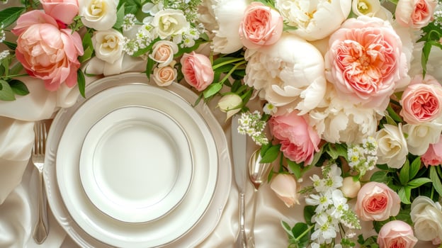 AI generated An elegant table setting adorned with fresh roses and peonies photo