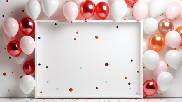AI generated A chic backdrop with a modern frame and vibrant, confetti-filled balloons suspended in the air photo