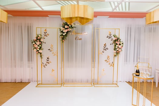 wonderful wedding ceremony. trendy wedding arch made according to modern fashion. wedding decorations photo