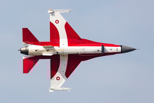 Radom, Poland, 2023 - Royal Danish Air Force Lockheed F-16 Fighting Falcon fighter jet plane flying. Aviation and military aircraft. photo