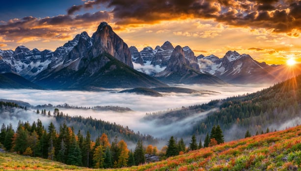 Majestic Sunrise Over Rugged Mountain Peaks With Mist-Filled Valleys and Lush Forest photo