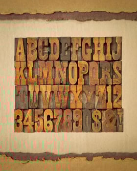 letters and numbers in vintage letterpress wood type on art paper, alphabet in French clarendon typeset photo