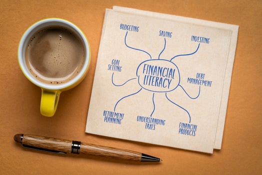 financial literacy infographics or mind map sketch on a napkin with coffee - personal finance concept and education photo