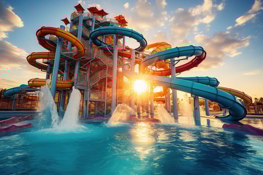 AI generated Water park, bright colorful slides. Water park without people on a summer day with a beautiful blue sky. Generated by artificial intelligence photo