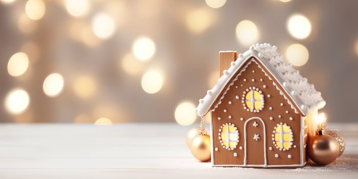 AI generated Christmas gingerbread house decoration on white background of defocused golden lights. Christmas photo