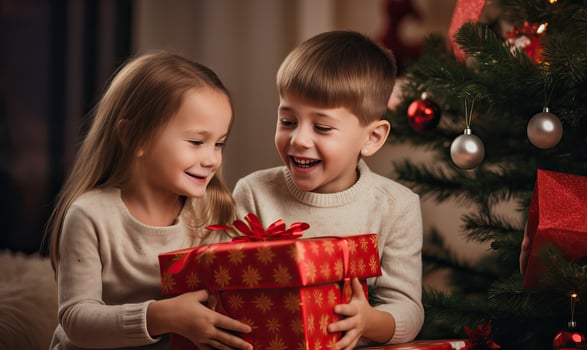 AI generated Christmas morning present opening, Happy kids laughing and opening Christmas New Year's gifts, photo