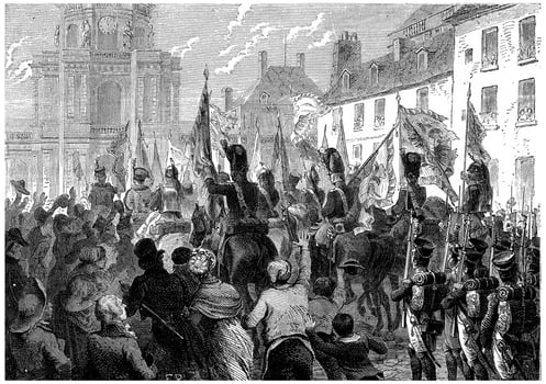 Russian and Austrian flags doors triumphantly in the Senate, vintage engraving. photo