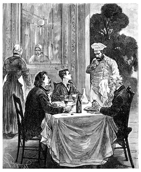 The Tour de France a small Parisian, Hold on said the innkeeper, vintage engraving. photo