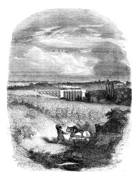 Railway Versailles Paris left bank, Viaduct Val Fleuri, vintage engraving. photo