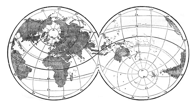 World map featuring evidence the unequal distribution of land and water on the surface of the globe, vintage engraving. photo
