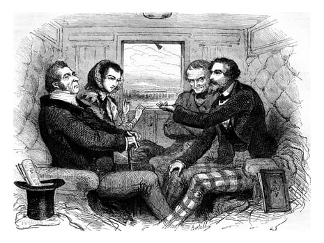 Conversation in a wagon, vintage engraving. photo