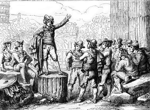 Meo Patacca harangue his brave companions in Campo Vaccino, vintage engraving. photo