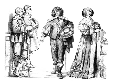 Woman in full uniform, and Gentleman Farmer in 1635, vintage engraving. photo