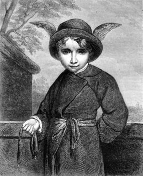 The Schoolboy with wings of Mercury, vintage engraving. photo