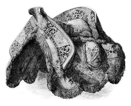 Royal Armoury of Madrid, Saddle of the sixteenth century, vintage engraving. photo