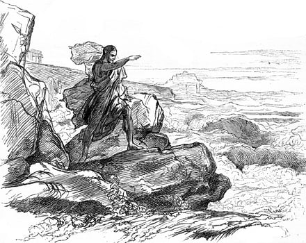 Demosthenes exercising to speak at the edge of the sea, draft table by Leon Cogniet, vintage engraving. photo