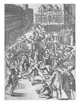 Doge is carried over Saint Mark's Square in Venice, anonymous, 1610, vintage illustration. photo