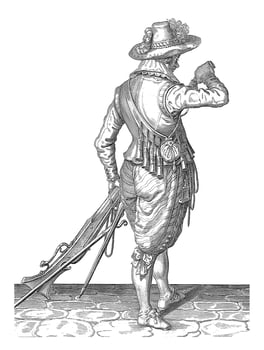 Soldier Pouring Gunpowder Over His Musket, vintage illustration. photo