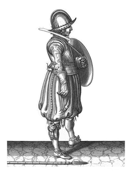 The exercise with shield and spear, Adam van Breen, 1616 - 1618, vintage illustration. photo