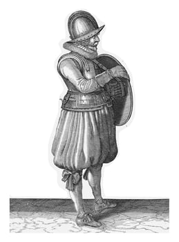 The exercise with shield and spear, Adam van Breen, 1616 - 1618, vintage illustration. photo